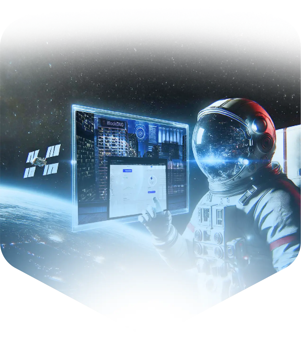 Astronaut interacting with a futuristic display